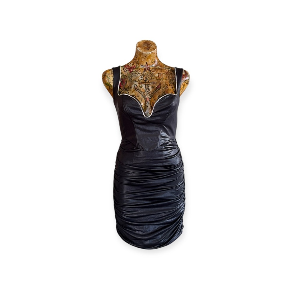 Oh Polly Black Faux Leather Ruched Mini Dress